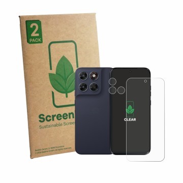 Parte frontale di una confezione del prodotto con il logo del marchio ScreenLeaf. Accanto è raffigurato il dispositivo Motorol