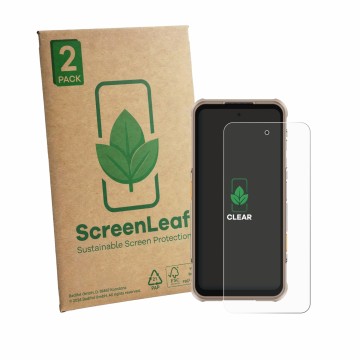Front side of a product packaging with the brand logo ScreenLeaf. Next to it is the device Ulefone RugOne Xever 8 shown with t
