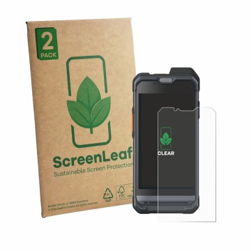 Front side of a product packaging with the brand logo ScreenLeaf. Next to it is the device Hytera PNC460 shown with the corres