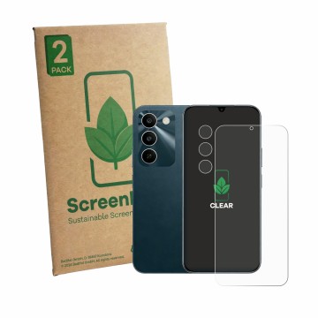 Vorderseite einer Produktverpackung mit dem Markenlogo ScreenLeaf. Daneben ist das Gerät realme C100 5G (Display+Kamera) mit d
