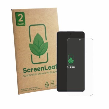 Parte frontale di una confezione del prodotto con il logo del marchio ScreenLeaf. Accanto è raffigurato il dispositivo Honor X