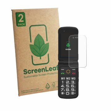 Face avant d’un emballage produit avec le logo de la marque ScreenLeaf. À côté, l’appareil AGM M8 FLIP est représenté avec la 
