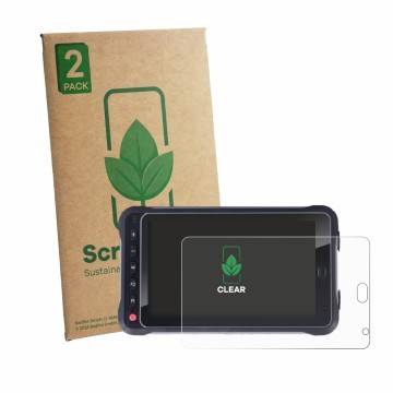 Parte frontal de un envase de producto con el logotipo de la marca ScreenLeaf. Al lado se muestra el dispositivo Hugerock X72 