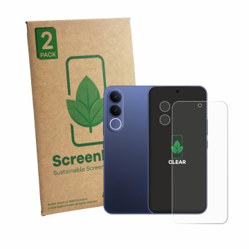 Parte frontal de un envase de producto con el logotipo de la marca ScreenLeaf. Al lado se muestra el dispositivo Vivo V70 FE (