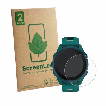 Parte frontal de un envase de producto con el logotipo de la marca ScreenLeaf. Al lado se muestra el dispositivo Garmin Foreru