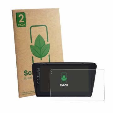 Front side of a product packaging with the brand logo ScreenLeaf. Next to it is the device Dynavin D9-7 Premium Flex shown wit