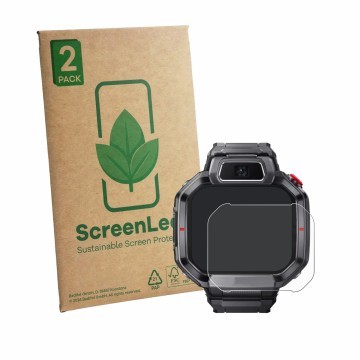 Vorderseite einer Produktverpackung mit dem Markenlogo ScreenLeaf. Daneben ist das Gerät Huawei Watch Kids X1 Pro mit dem zuge