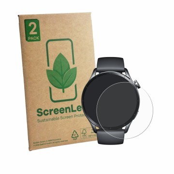 Face avant d’un emballage produit avec le logo de la marque ScreenLeaf. À côté, l’appareil Xiaomi Watch S5 est représenté avec