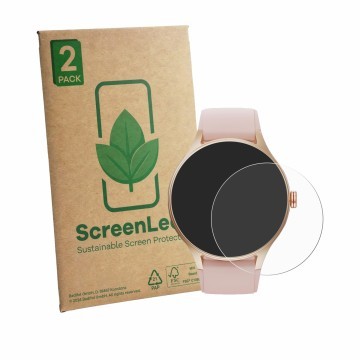 Vorderseite einer Produktverpackung mit dem Markenlogo ScreenLeaf. Daneben ist das Gerät Woneligo Smartwatch 1.57