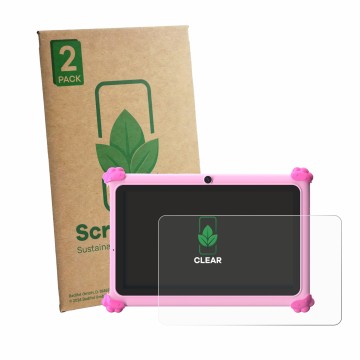 Vorderseite einer Produktverpackung mit dem Markenlogo ScreenLeaf. Daneben ist das Gerät Ascrecem KIDS710 7