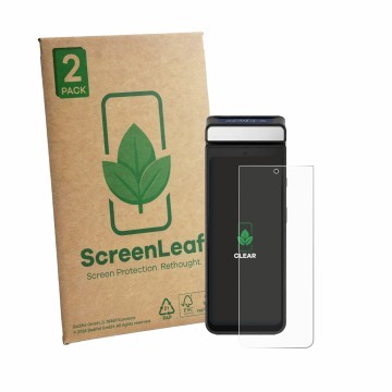 Parte frontal de un envase de producto con el logotipo de la marca ScreenLeaf. Al lado se muestra el dispositivo Ciontek CS50S