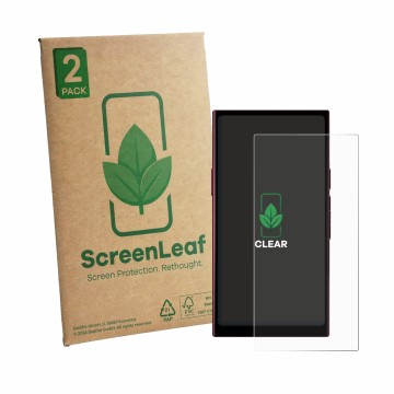Parte frontal de un envase de producto con el logotipo de la marca ScreenLeaf. Al lado se muestra el dispositivo Hiby R8 II co