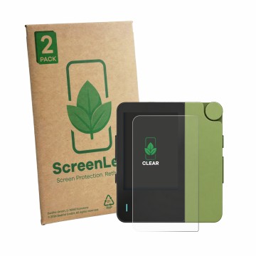 Parte frontal de un envase de producto con el logotipo de la marca ScreenLeaf. Al lado se muestra el dispositivo Hiby W4 con s