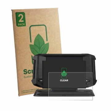 Front side of a product packaging with the brand logo ScreenLeaf. Next to it is the device Lowrance Eagle 4 shown with the cor