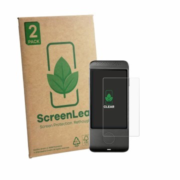 Parte frontal de un envase de producto con el logotipo de la marca ScreenLeaf. Al lado se muestra el dispositivo Vasco Transla