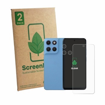 Parte frontale di una confezione del prodotto con il logo del marchio ScreenLeaf. Accanto è raffigurato il dispositivo Motorol
