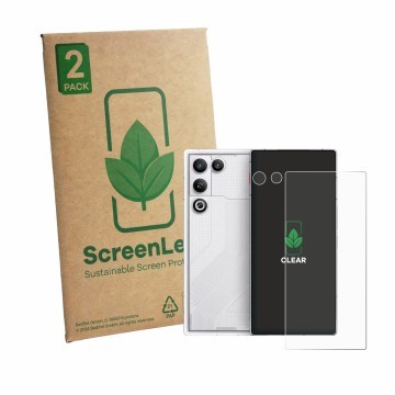 Parte frontal de un envase de producto con el logotipo de la marca ScreenLeaf. Al lado se muestra el dispositivo ZTE Nubia Red
