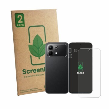 Front side of a product packaging with the brand logo ScreenLeaf. Next to it is the device Infinix Note 60 (Front+Camera) show