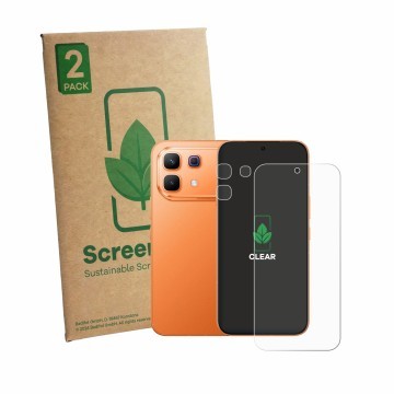 Parte frontal de un envase de producto con el logotipo de la marca ScreenLeaf. Al lado se muestra el dispositivo Infinix Note 