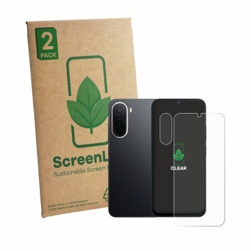Vorderseite einer Produktverpackung mit dem Markenlogo ScreenLeaf. Daneben ist das Gerät Xiaomi Redmi A7 Pro (Display+Kamera) 