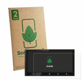 Parte frontal de un envase de producto con el logotipo de la marca ScreenLeaf. Al lado se muestra el dispositivo Kenwood DMX75