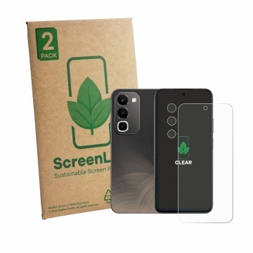 Parte frontale di una confezione del prodotto con il logo del marchio ScreenLeaf. Accanto è raffigurato il dispositivo realme 
