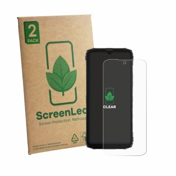 Parte frontale di una confezione del prodotto con il logo del marchio ScreenLeaf. Accanto è raffigurato il dispositivo Doogee 