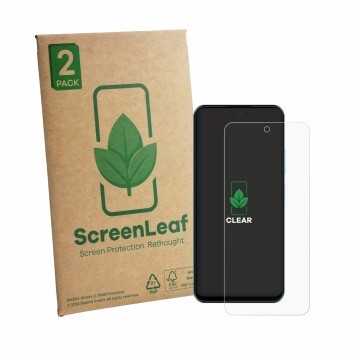 Parte frontal de un envase de producto con el logotipo de la marca ScreenLeaf. Al lado se muestra el dispositivo HMD Luma con 