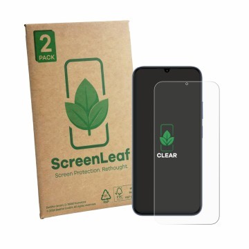 Front side of a product packaging with the brand logo ScreenLeaf. Next to it is the device realme C100x shown with the corresp