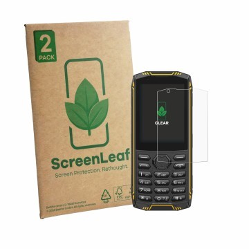 Front side of a product packaging with the brand logo ScreenLeaf. Next to it is the device Ulefone Armor Mini 5 shown with the