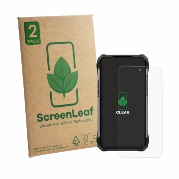 Parte frontal de un envase de producto con el logotipo de la marca ScreenLeaf. Al lado se muestra el dispositivo Unihertz 8849