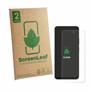 Face avant d’un emballage produit avec le logo de la marque ScreenLeaf. À côté, l’appareil Blackview Color 6 est représenté av