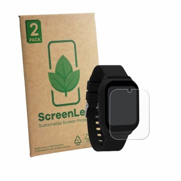 Parte frontal de un envase de producto con el logotipo de la marca ScreenLeaf. Al lado se muestra el dispositivo One2Track Con