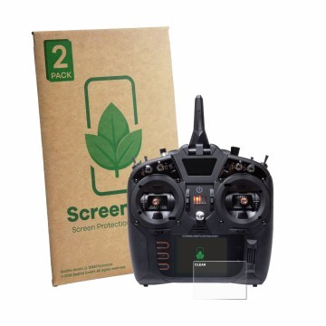 Parte frontal de un envase de producto con el logotipo de la marca ScreenLeaf. Al lado se muestra el dispositivo Spektrum NX8 