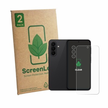 Face avant d’un emballage produit avec le logo de la marque ScreenLeaf. À côté, l’appareil Samsung Galaxy A27 5G (Avant+Caméra