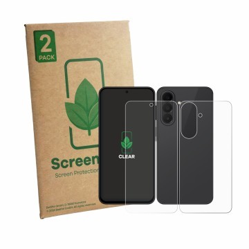 Face avant d’un emballage produit avec le logo de la marque ScreenLeaf. À côté, l’appareil Samsung Galaxy A27 5G (Avant+Arrièr