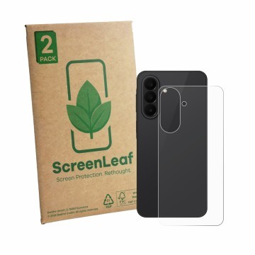 Face avant d’un emballage produit avec le logo de la marque ScreenLeaf. À côté, l’appareil Samsung Galaxy A27 5G (Arrière) est