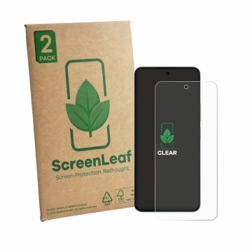 Front side of a product packaging with the brand logo ScreenLeaf. Next to it is the device OnePlus Turbo 6X shown with the cor