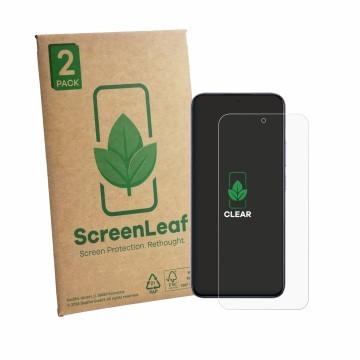 Front side of a product packaging with the brand logo ScreenLeaf. Next to it is the device realme P4R 5G shown with the corres