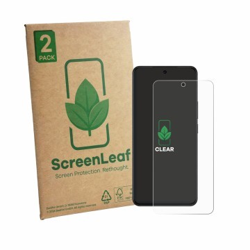 Front side of a product packaging with the brand logo ScreenLeaf. Next to it is the device Vivo V70 Lite shown with the corres