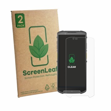 Front side of a product packaging with the brand logo ScreenLeaf. Next to it is the device Newland MT95 Kambur Pro III shown w