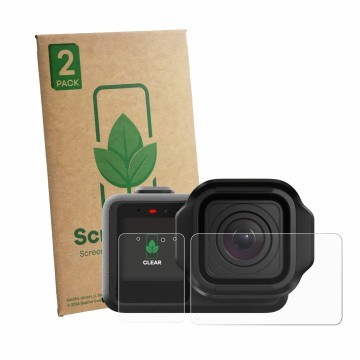 Parte frontal de un envase de producto con el logotipo de la marca ScreenLeaf. Al lado se muestra el dispositivo GoPro Mission