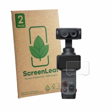 Vorderseite einer Produktverpackung mit dem Markenlogo ScreenLeaf. Daneben ist das Gerät Insta360 Luna Ultra mit dem zugehörig