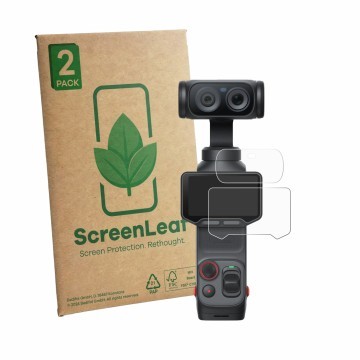 Vorderseite einer Produktverpackung mit dem Markenlogo ScreenLeaf. Daneben ist das Gerät Insta360 Luna Ultra (Display + Linse)