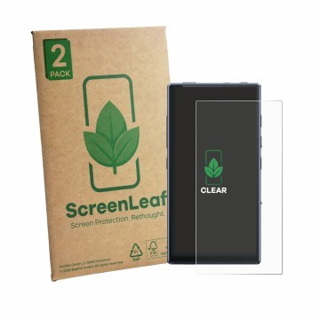 Parte frontale di una confezione del prodotto con il logo del marchio ScreenLeaf. Accanto è raffigurato il dispositivo FiiO M3