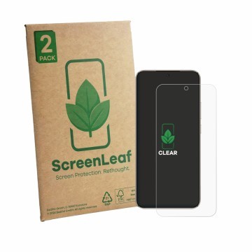 Vorderseite einer Produktverpackung mit dem Markenlogo ScreenLeaf. Daneben ist das Gerät Honor X 70 Pro Max mit dem zugehörige