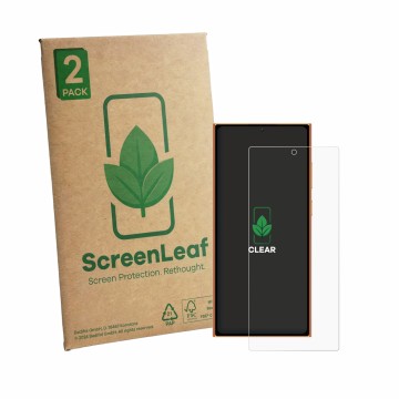 Parte frontal de un envase de producto con el logotipo de la marca ScreenLeaf. Al lado se muestra el dispositivo Oukitel C72 c