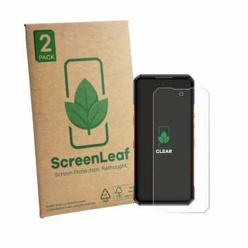Vorderseite einer Produktverpackung mit dem Markenlogo ScreenLeaf. Daneben ist das Gerät Oukitel WP500 mit dem zugehörigen Dis