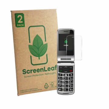 Vorderseite einer Produktverpackung mit dem Markenlogo ScreenLeaf. Daneben ist das Gerät bea-fon SL645 mit dem zugehörigen Dis