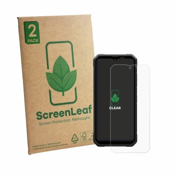 Front side of a product packaging with the brand logo ScreenLeaf. Next to it is the device Blackview Fort 2 shown with the cor